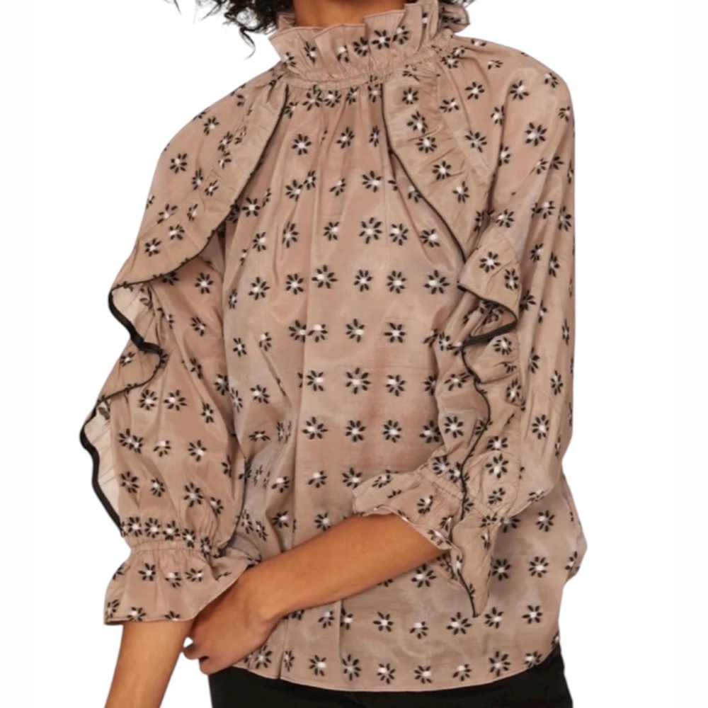 Hofmann Copenhagen Juliette Ruffle Mock Neck‎ Blouse Taupe Black Women’s 40